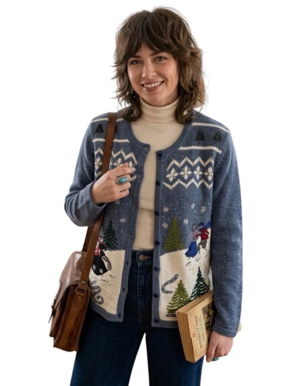 Winter Scene Vintage Sweater Cardigan Embroidered Beaded Reference Point Medium